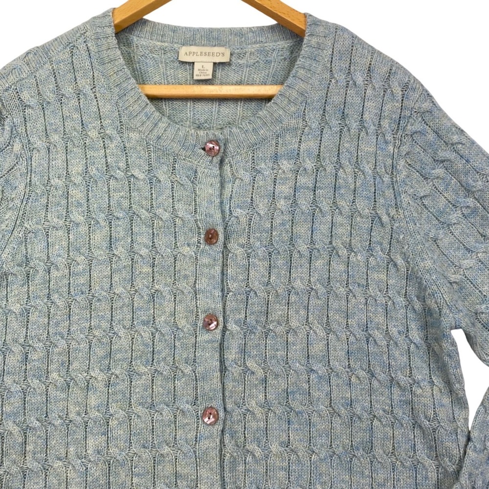 Appleseed's Cardigan Women L Blue Green Cable Knit 100% Wool Button Front A36702